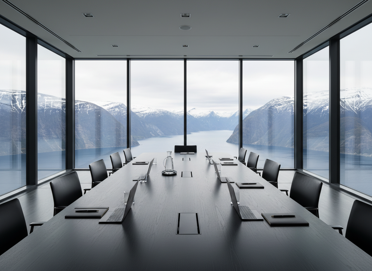 A sleek, matte-black conference table made of polished oak stands in the center of a high-floor boardroom, surrounded by floor-to-ceiling glass that reveals a wide panorama of Norwegian fjords and distant snow-dusted mountains. Outside, a calm, steel-blue sea reflects soft overcast daylight, which gently fills the room and highlights the grain of the wood and the subtle metallic details of minimalist laptops and notebooks on the table. The atmosphere is calm yet charged with potential, emphasizing strategic thinking and long-term vision. Photographic realism, shot at eye level with a wide lens, sharp focus throughout, clean and modern corporate aesthetic, balanced composition with the table leading the viewer’s eye toward the dramatic landscape beyond.