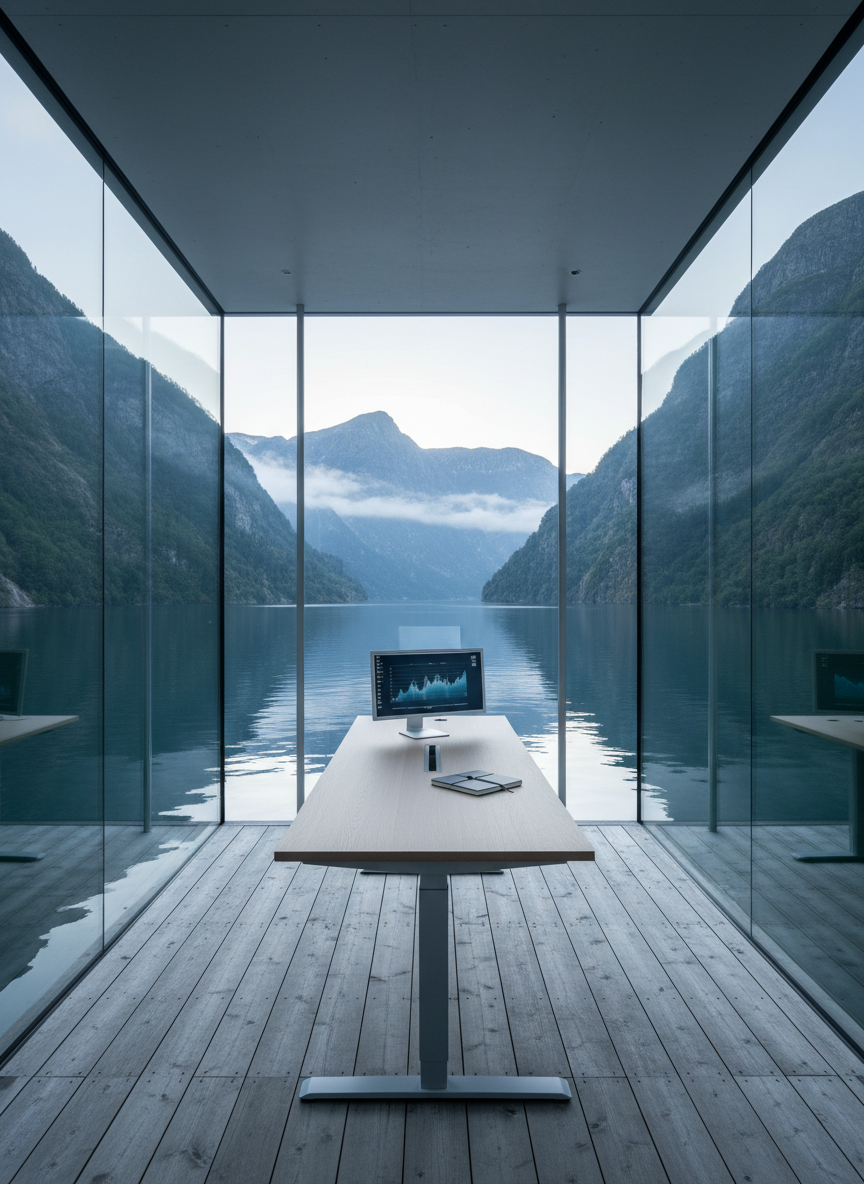 A modern, glass-walled leadership retreat workspace set on a raised wooden platform above a serene Norwegian fjord, with towering green-clad mountains rising sharply on both sides. Inside the open space, a large, pale oak standing desk holds a single slim monitor displaying abstract charts, next to a notebook and pen arranged with deliberate order. Early morning light seeps through thin mist above the water, creating a diffused, silver-blue glow that wraps the scene in quiet focus. The mood is visionary and introspective, ideal for strategic offsite thinking. Photographic realism, slightly elevated angle emphasizing both interior and exterior, strong leading lines from the desk to the distant mountain peaks, crisp details with a minimalist, professional aesthetic.