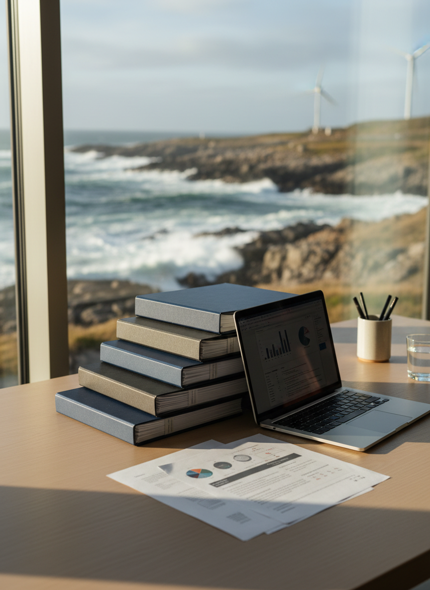 An arrangement of carefully stacked business strategy documents and a thin, brushed-aluminum laptop resting on a light ash-wood desk positioned near a large window overlooking a rugged Norwegian coastline. Outside, waves roll steadily against dark rocks, while distant wind turbines turn slowly on the horizon. Soft late-afternoon natural light enters from the side, creating gentle highlights on the paper edges and keyboard, and casting a calm shadow of the window frame across the desk. The mood is reflective and analytical, suggesting deep work on leadership decisions and sustainable growth. Photographic realism, medium close-up shot with shallow depth of field, the background coastline rendered slightly blurred to keep the focus on the tools of leadership while still grounding them in the natural environment.